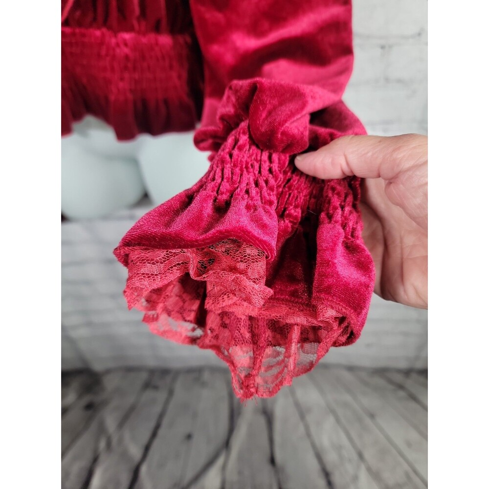 ROMWE Velvet Top 1XL Red Victorian Gothic Witch Ruffled High Neck Crochet NEW - Picture 4 of 9